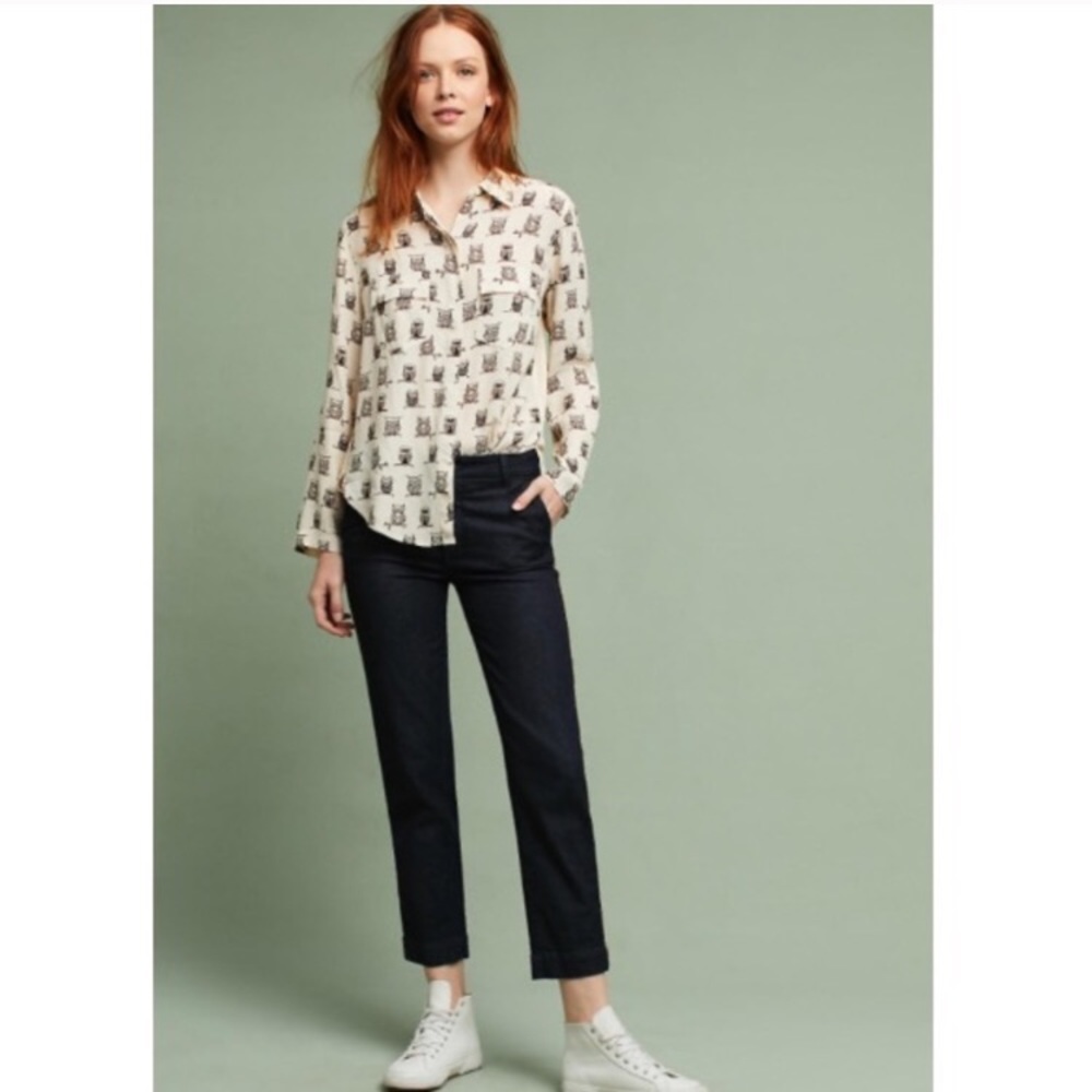 🌸NWOT ANTHRO Porridge Owl Button Up Shirt White